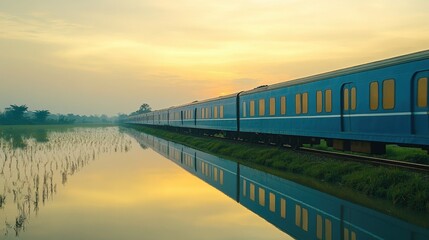 Train Passing Through Tranquil Rice Fields at Dawn