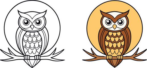 Adorable Owl Coloring Page Moonlit Branch, Bird, Nocturnal, Wildlife