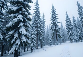 Naklejka premium Floresta boreal coberta por neve, com pinheiros altos - 03