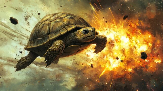 A turtle soaring through space amid an explosion, blending fantasy and humor.