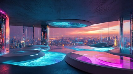 Naklejka premium Futuristic interior with glowing pools and a city skyline at sunset.