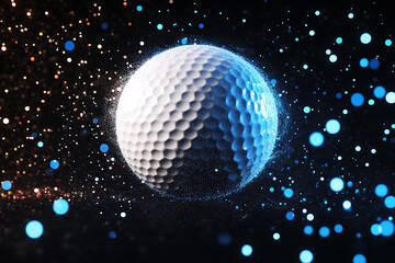 Glowing wireframe a white golf ball with a dimpled surface on a transparent background, highlighted by a combination of blue and black data points.