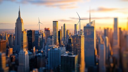 Fototapeta premium Vibrant Cityscape with Wind Turbines at Golden Hour