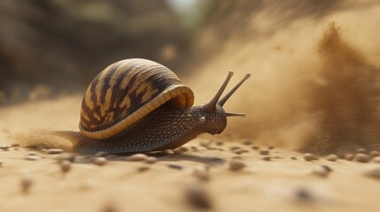 A close-up of a snail moving across a sandy surface, showcasing its shell and texture.