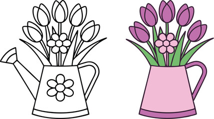 Coloring Page Tulips and Daisies in a Watering Can © Bappaditya Roy