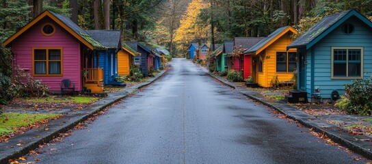 Colorful cabins line a wet road in a forest setting.