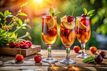 Refreshing Peach & Cherry Summer Cocktails in Elegant Glasses - Stock Photo