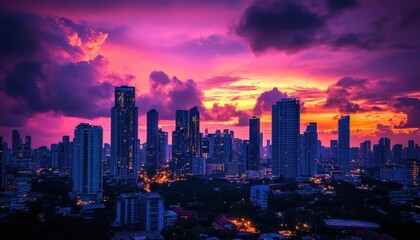 Fototapeta premium Sunset over a city skyline with vibrant colors and dramatic clouds.