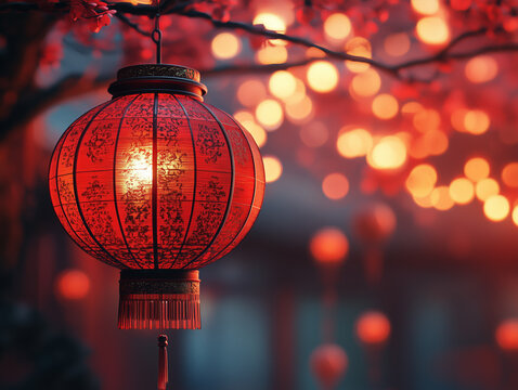 Red gold chinese new year lantern lights hanging with bokeh background at night cinematic style