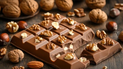 Warm Chocolate Bar Broken into Pieces with Nuts