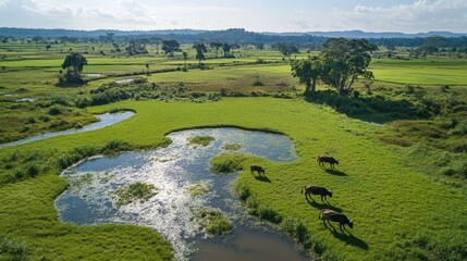Water Buffalo Grazing Under Bright Midday Sun