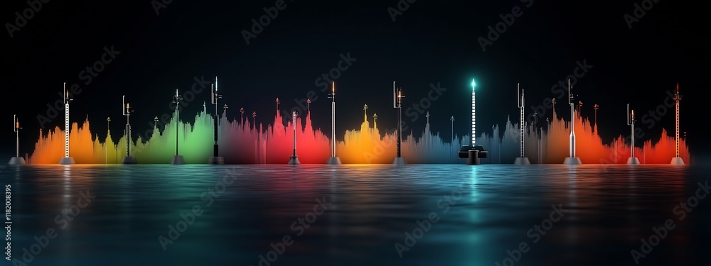 Poster a vibrant digital 3d rendering showcasing the frequency spectrum allocation for various radar commun