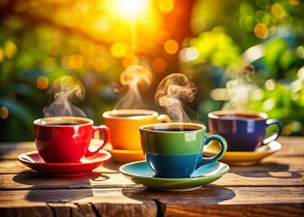 Fototapeta premium Relaxing Morning Coffee: Fresh Brew & Cozy Cup Set - Stock Photo