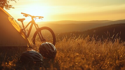 Bike and Tent at Sunrise in Scenic Valley
