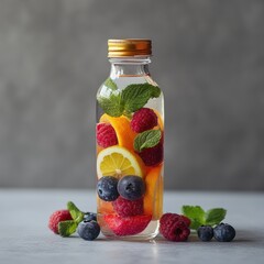 Refreshing fruit-infused water in a glass bottle with raspberries, blueberries, orange, lemon, and mint.