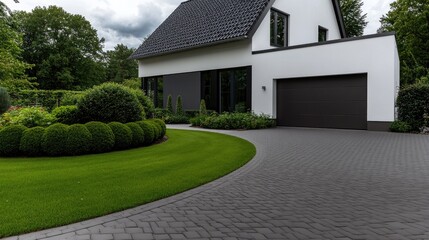 Fototapeta premium Beautiful modern villa with dark gray exterior, spacious garden, and elegant stone cladding, taken on a cloudy day