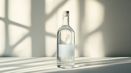 A minimalist label on a single glass bottle placed on a plain white surface, surrounded by soft natural light.