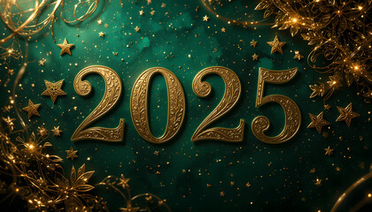 Elegant gold 2025 on teal background with stars and swirls.