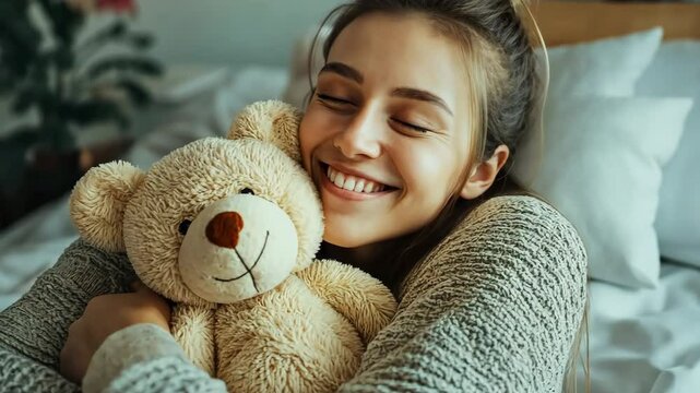 A young woman is hugging a teddy bear while smiling