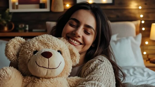 A woman is holding a teddy bear and smiling
