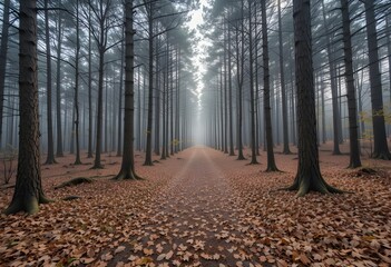 Obraz premium Pine forest with trails covered in dry leaves - 03