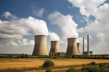 Industrial cooling towers emitting steam in a rural landscape under a partly cloudy sky