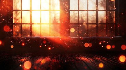 cozy holiday background featuring sunlight streaming through window, creating warm and inviting atmosphere with sparkling dust particles
