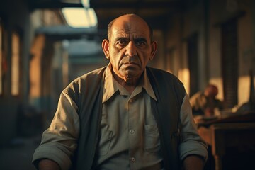 Naklejka premium portrait black-browed, balding man, possibly farmer, in old, worn clothes