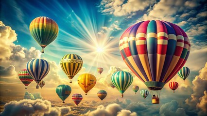 Fototapeta premium Retro Hot Air Balloons Soaring in a Vibrant Blue Sky - Vintage Landscape Photography