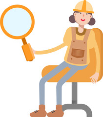 Woman Engineer Character Sitting and Holding Magnifier
