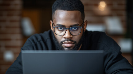 Portrait of a handsome Black man in glasses working on a laptop indoors