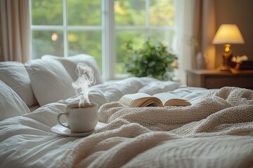 hot tea and book on bed