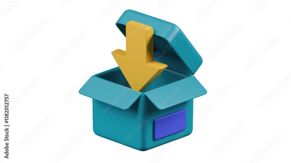 Fototapete 3D render of an open teal box with a yellow downward arrow inside, symbolizing download. background removed
