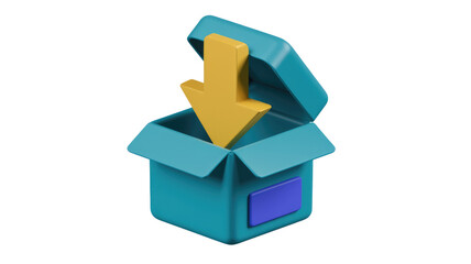 3D render of an open teal box with a yellow downward arrow inside, symbolizing download. background removed