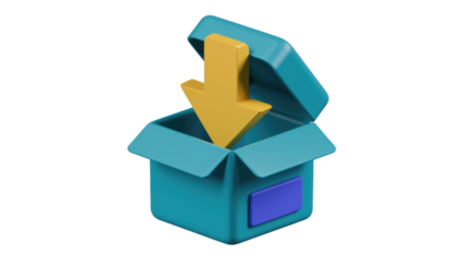 3D render of an open teal box with a yellow downward arrow inside, symbolizing download. background removed