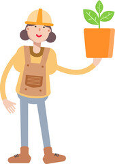 Woman Engineer Character Holding Plant Pot
