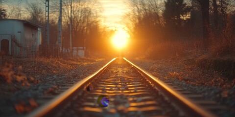 Obraz premium A high-angle shot of railway tracks at sunrise, symbolizing journeys and progress. Perfect for travel, transportation, and inspirational-themed projects