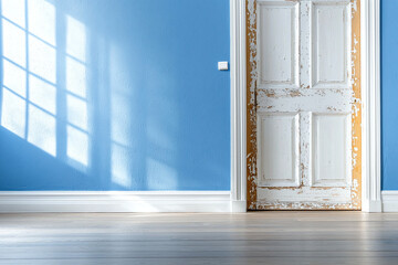Fototapeta premium bright room with faded blue wall, featuring vintage white door and wooden floor. sunlight casts shadows, creating serene atmosphere