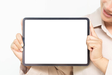 Business woman hand holding digital tablet computer with graph of Binary option for trading platform, setective focus