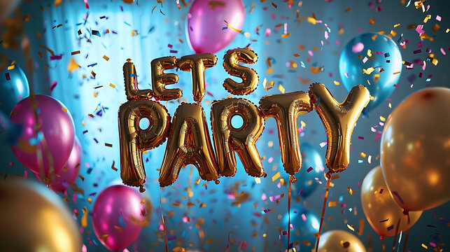 Card wishes celebration, foil golden balloons: Lets Party - Colorful flying confetti.