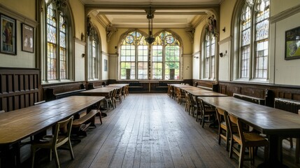 A spacious dining hall with wooden tables and chairs, featuring large stained glass windows.