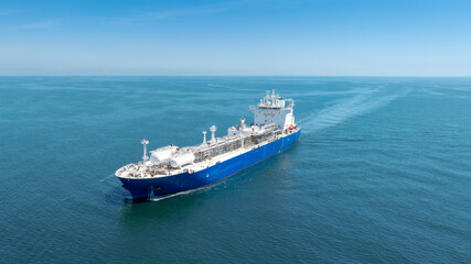 Aerial view of LPG gas ship. Gas carrier, gas tanker sailing in ocean