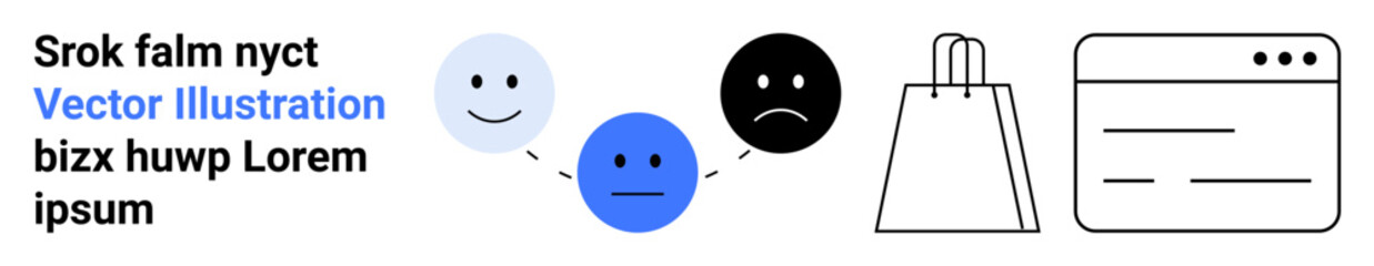 Fototapeta premium Smiling, neutral, and sad faces representing different emotions connected by dotted lines, a shopping bag, and a website window. Ideal for user experience, e-commerce, customer feedback, emotional