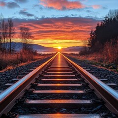 Fototapeta premium A high-angle shot of railway tracks at sunrise, symbolizing journeys and progress. Perfect for travel, transportation, and inspirational-themed projects