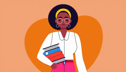 a confident Black woman holding a stack of books, symbolizing education, empowerment, and intellectual growth. A perfect representation of teachers, students,  book lovers
