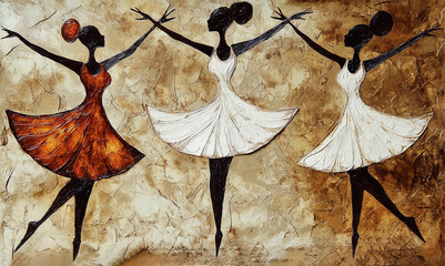 The beauty of dance. Abstract stick figure ballerinas dancing in vibrant costumes on a textured background