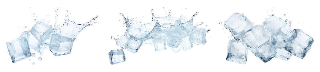 Obraz premium PNG Ice cubes splashing water set, isolated on transparent background