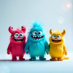 Fototapeta premium Cute Cartoon Monsters Happy Furry Friends 3D Render Fun Playful Childish