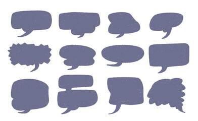 Set of twelve dark gray textured speech bubbles in various shapes and sizes on isolated background. Chats collection vector illustration