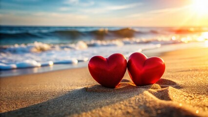 Fototapeta premium Romantic Beach Hearts: Two Red Hearts in Sandy Beach Setting